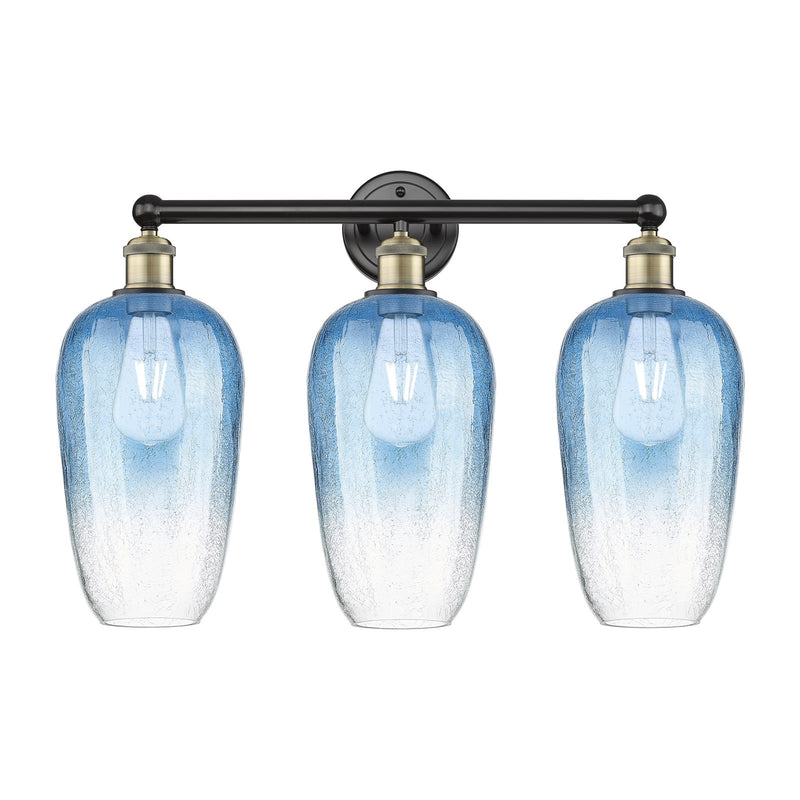 Innovations Brookhaven Flute 25in 3-Light Bath Vanity Light | Industrial Black Antique Brass and Sapphire Blue Glass | Model 616-3W-BAB-G484-7SB