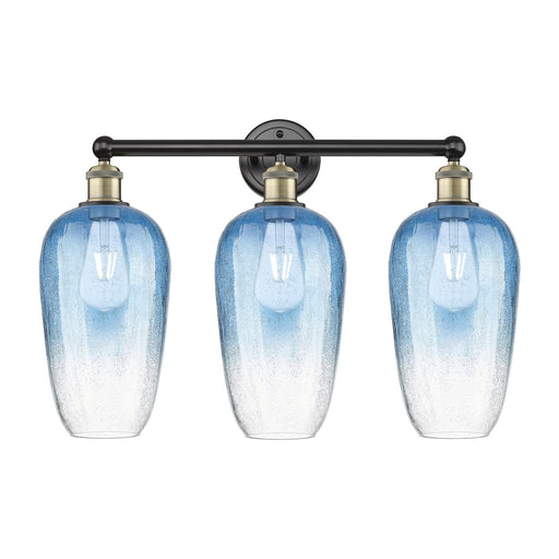 Innovations Brookhaven Flute 25in 3-Light Bath Vanity Light | Industrial Black Antique Brass and Sapphire Blue Glass | Model 616-3W-BAB-G484-7SB