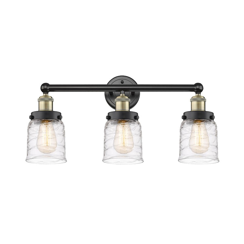 Innovations Edison Bell 25in 3-Light Bathroom Vanity Light | Art Nouveau Industrial Black Antique Brass and Clear Deco Swirl Glass | Model 616-3W-BAB-G513