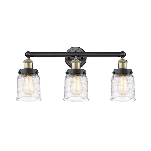Innovations Edison Bell 25in 3-Light Bathroom Vanity Light | Art Nouveau Industrial Black Antique Brass and Clear Deco Swirl Glass | Model 616-3W-BAB-G513