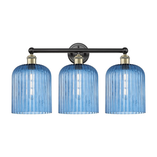 Innovations Bridal Veil 23in 3-Light Bath Vanity Light | Industrial Black Antique Brass and Princess Blue Ribbed Glass | Model 616-3W-BAB-G559-8BL