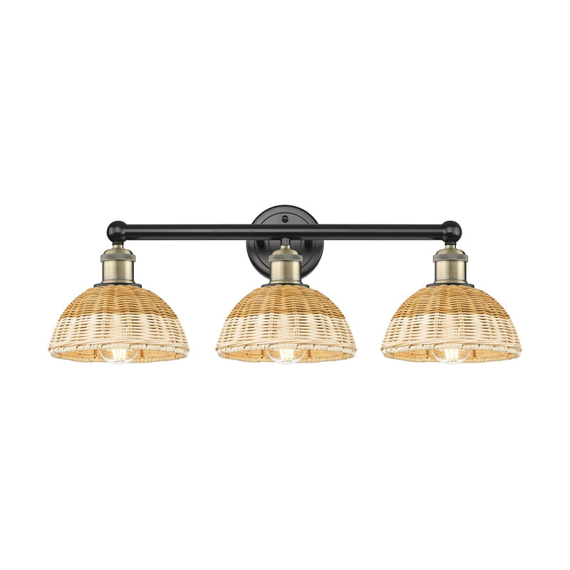 Innovations Bristol Natural II 26in 3-Light Bath Vanity Light | Industrial Black Antique Brass and Natural Fiber Dome Shade | Model 616-3W-BAB-NBD2-75-NAT