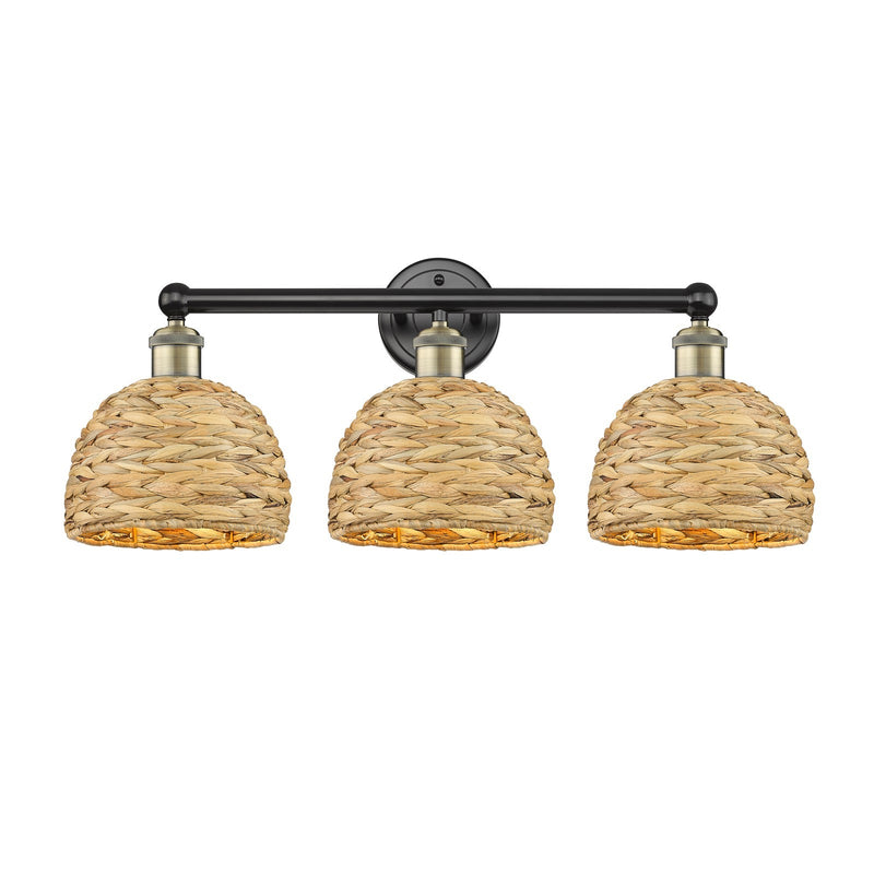 Innovations Woven Rattan 26in 3-Light Bath Vanity Light | Industrial Black Antique Brass and Natural Fiber Shade | Bathroom | Model 616-3W-BAB-RBD-8-NAT