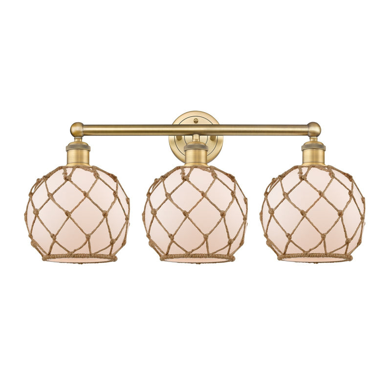 Innovations Farmhouse Rope 26in 3-Light Bath Vanity | Industrial Brushed Brass Steel and White Frosted Glass with Brown Rope | Model 616-3W-BB-G121-8RB