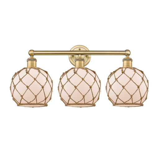 Innovations Farmhouse Rope 26in 3-Light Bath Vanity | Industrial Brushed Brass Steel and White Frosted Glass with Brown Rope | Model 616-3W-BB-G121-8RB