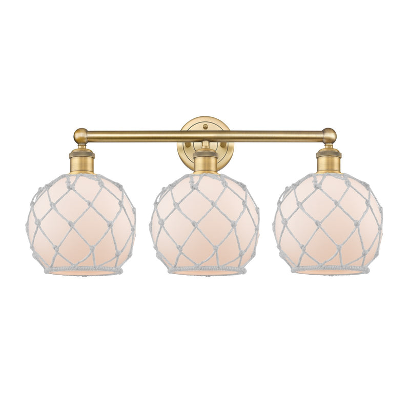 Innovations Farmhouse Rope 26in 3-Light Bath Vanity | Industrial Brushed Brass Steel and White Frosted Glass with Rope | Model 616-3W-BB-G121-8RW