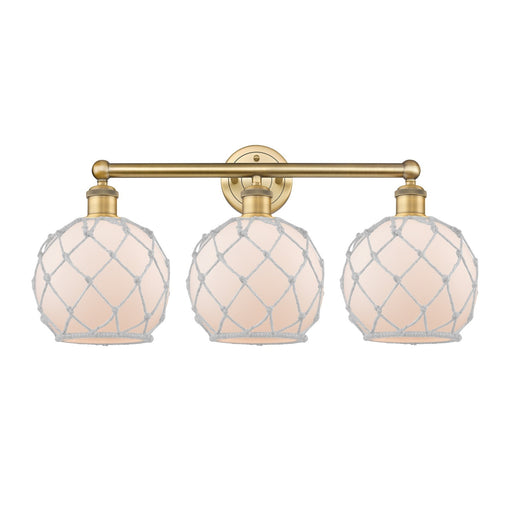 Innovations Farmhouse Rope 26in 3-Light Bath Vanity | Industrial Brushed Brass Steel and White Frosted Glass with Rope | Model 616-3W-BB-G121-8RW