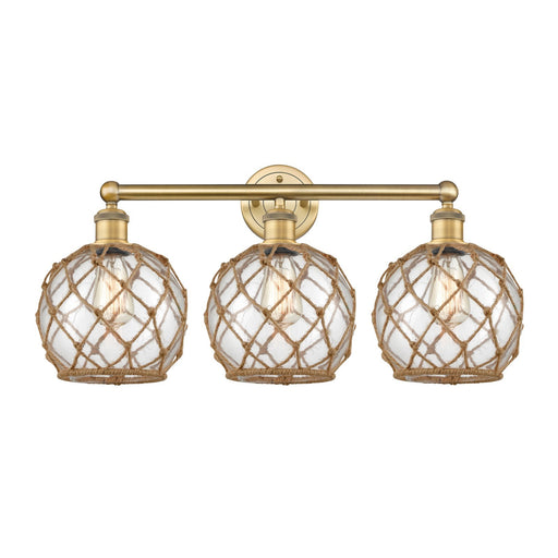 Innovations Farmhouse Rope 26in 3-Light Bath Vanity | Industrial Brushed Brass Steel and Clear Glass with Brown Rope | Bathroom | Model 616-3W-BB-G122-8RB