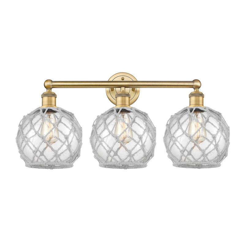 Innovations Farmhouse Rope 26in 3-Light Bath Vanity | Industrial Brushed Brass Steel and Clear Glass with White Rope | Bathroom | Model 616-3W-BB-G122-8RW