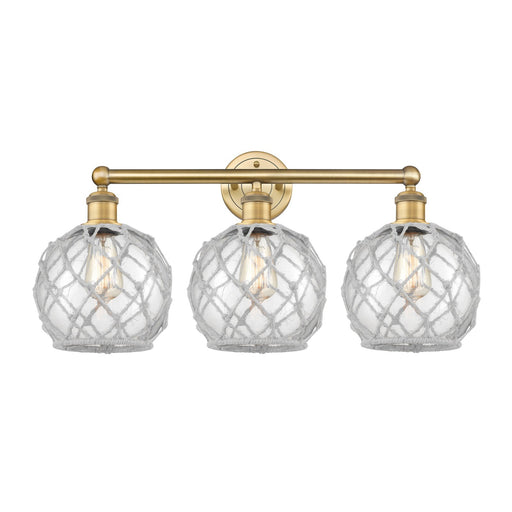 Innovations Farmhouse Rope 26in 3-Light Bath Vanity | Industrial Brushed Brass Steel and Clear Glass with White Rope | Bathroom | Model 616-3W-BB-G122-8RW
