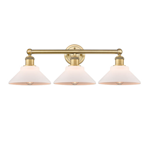 Innovations Orwell 26in 3-Light Bath Vanity Light | Industrial Brushed Brass Steel and Matte White Glass | Bathroom Vanity Damp | Model 616-3W-BB-G131