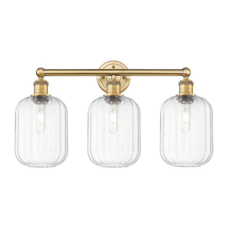 Innovations Preston Cylinder 25in 3-Light Bath Vanity Light | Industrial Brushed Brass Steel and Clear Glass | Bathroom Vanity | Model 616-3W-BB-G460-7CL