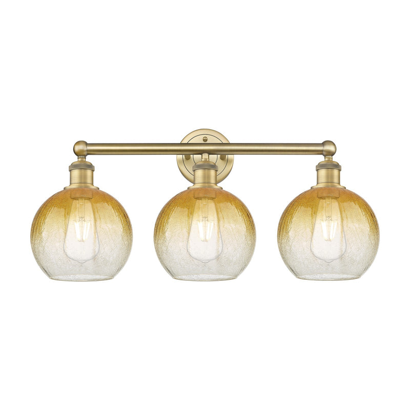 Innovations Brookhaven Globe 26in 3-Light Bath Vanity Light | Industrial Brushed Brass Steel and Amber Glass | Damp Rated | Model 616-3W-BB-G483-8AM