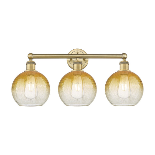 Innovations Brookhaven Globe 26in 3-Light Bath Vanity Light | Industrial Brushed Brass Steel and Amber Glass | Damp Rated | Model 616-3W-BB-G483-8AM
