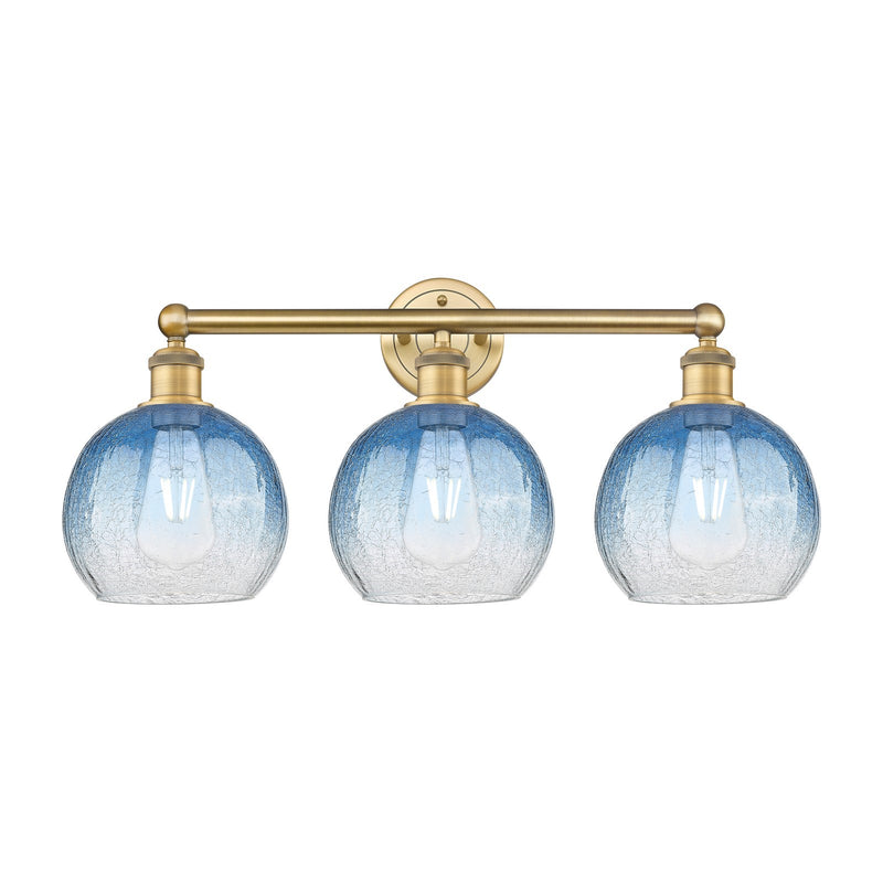 Innovations Brookhaven Globe 26in 3-Light Bath Vanity Light | Industrial Brushed Brass and Sapphire Blue Glass | Bathroom | Model 616-3W-BB-G483-8SB