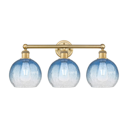 Innovations Brookhaven Globe 26in 3-Light Bath Vanity Light | Industrial Brushed Brass and Sapphire Blue Glass | Bathroom | Model 616-3W-BB-G483-8SB