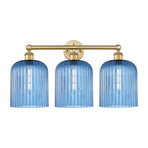 Innovations Bridal Veil 23in 3-Light Bath Vanity | Art Nouveau Brushed Brass Steel and Princess Blue Ribbed Glass | Bathroom & | Model 616-3W-BB-G559-8BL