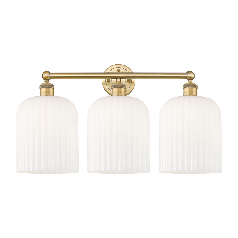 Innovations Bridal Veil 23in 3-Light Bath Vanity Light | Art Nouveau Brushed Brass and Gloss White Ribbed Glass | Bathroom | Model 616-3W-BB-G559-8GWH