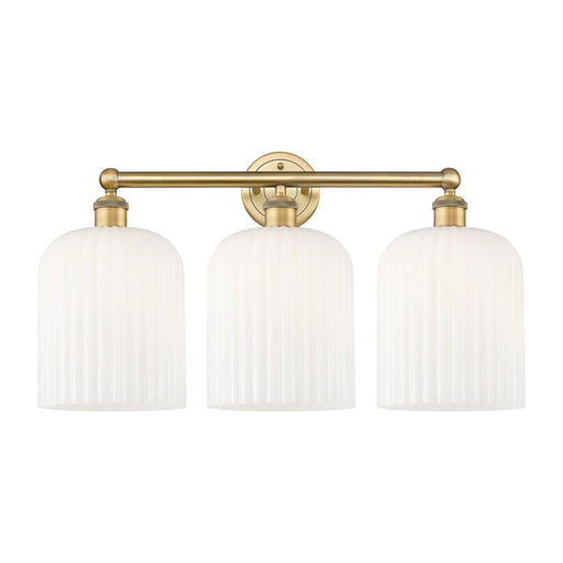 Innovations Bridal Veil 23in 3-Light Bath Vanity Light | Art Nouveau Brushed Brass and Gloss White Ribbed Glass | Bathroom | Model 616-3W-BB-G559-8GWH