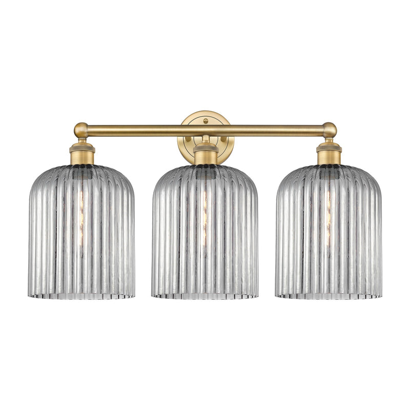 Innovations Bridal Veil 23in 3-Light Bath Vanity | Art Nouveau Industrial Brushed Brass and Light Smoke Ribbed Glass | Bathroom | Model 616-3W-BB-G559-8SM