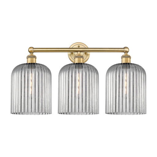 Innovations Bridal Veil 23in 3-Light Bath Vanity | Art Nouveau Industrial Brushed Brass and Light Smoke Ribbed Glass | Bathroom | Model 616-3W-BB-G559-8SM