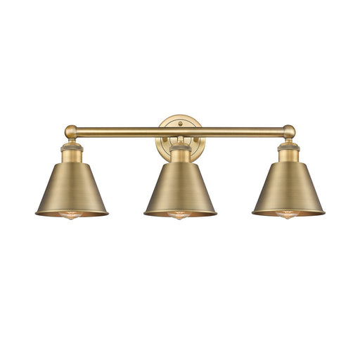Innovations Smithfield 25in 3-Light Bath Vanity | Industrial Farmhouse Brushed Brass Steel and Brushed Brass Metal Shade | Model 616-3W-BB-M8-BB