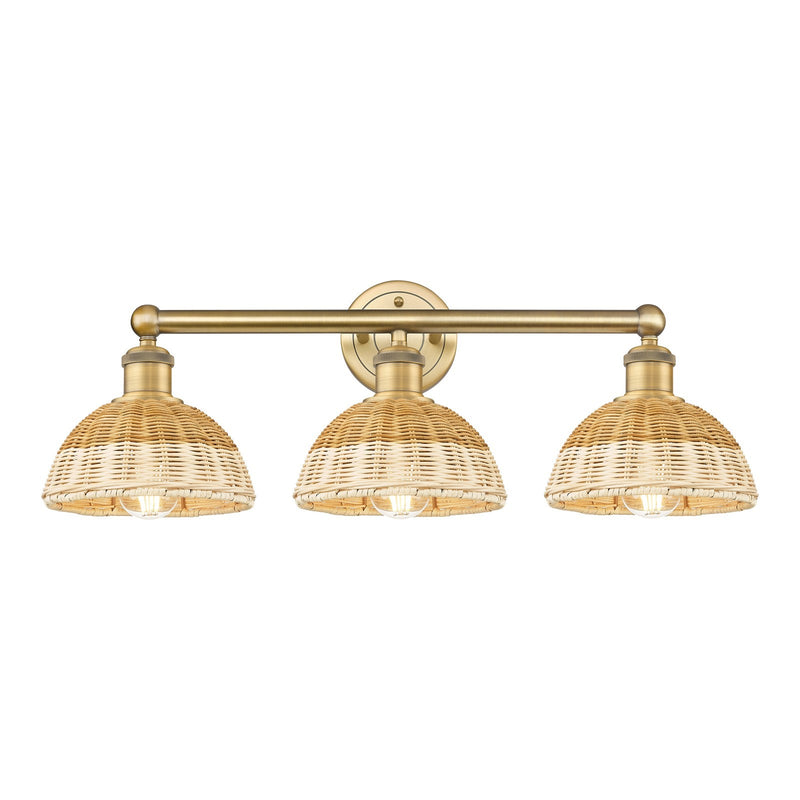 Innovations Bristol Natural II 26in 3-Light Bath Vanity Light | Industrial Brushed Brass Steel and Natural Fiber Dome Shade | Model 616-3W-BB-NBD2-75-NAT