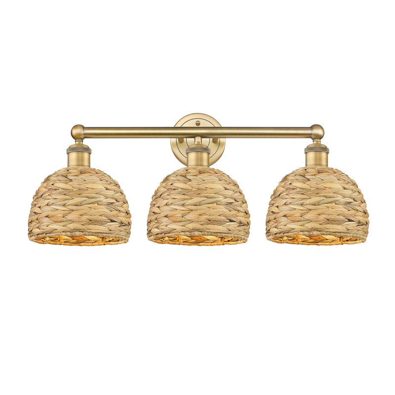 Innovations Woven Rattan 26in 3-Light Bath Vanity Light | Industrial Brushed Brass and Natural Fiber Dome Shade | Bathroom | Model 616-3W-BB-RBD-8-NAT