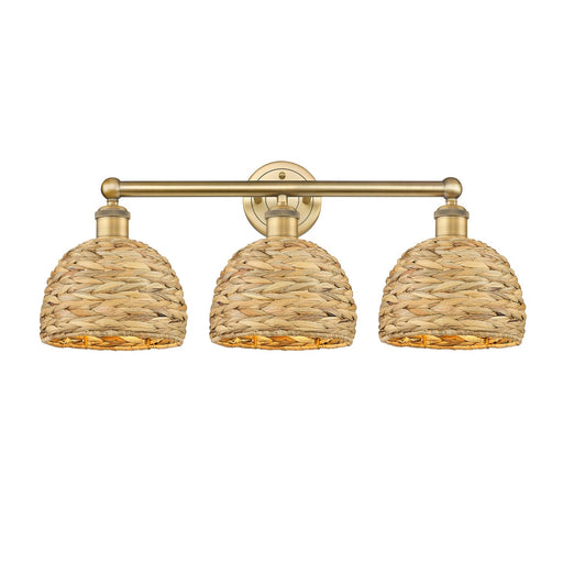 Innovations Woven Rattan 26in 3-Light Bath Vanity Light | Industrial Brushed Brass and Natural Fiber Dome Shade | Bathroom | Model 616-3W-BB-RBD-8-NAT