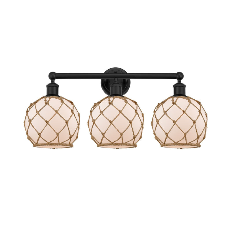 Innovations Farmhouse Rope 26in 3-Light Bath Vanity | Industrial Matte Black Steel and White Frosted Glass with Brown Rope | Model 616-3W-BK-G121-8RB