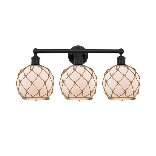 Innovations Farmhouse Rope 26in 3-Light Bath Vanity | Industrial Matte Black Steel and White Frosted Glass with Brown Rope | Model 616-3W-BK-G121-8RB