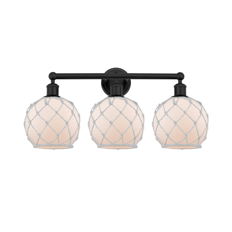 Innovations Farmhouse Rope 26in 3-Light Bath Vanity | Industrial Matte Black Steel and White Frosted Glass with Rope Shade | Model 616-3W-BK-G121-8RW