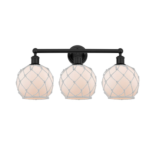 Innovations Farmhouse Rope 26in 3-Light Bath Vanity | Industrial Matte Black Steel and White Frosted Glass with Rope Shade | Model 616-3W-BK-G121-8RW