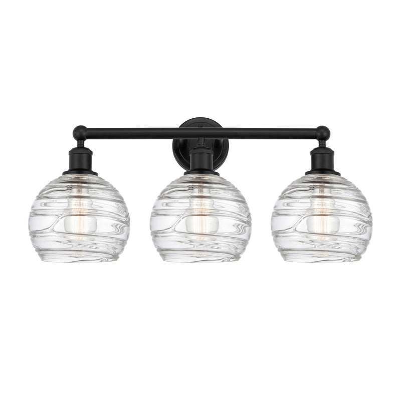 Innovations Athens Deco Swirl 26in 3-Light Bath Vanity | Industrial Matte Black Steel and Clear Deco Swirl Glass | Bathroom | Model 616-3W-BK-G1213-8CL