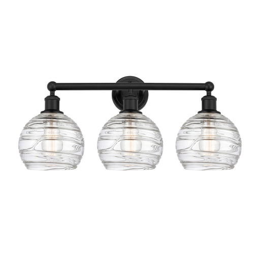 Innovations Athens Deco Swirl 26in 3-Light Bath Vanity | Industrial Matte Black Steel and Clear Deco Swirl Glass | Bathroom | Model 616-3W-BK-G1213-8CL