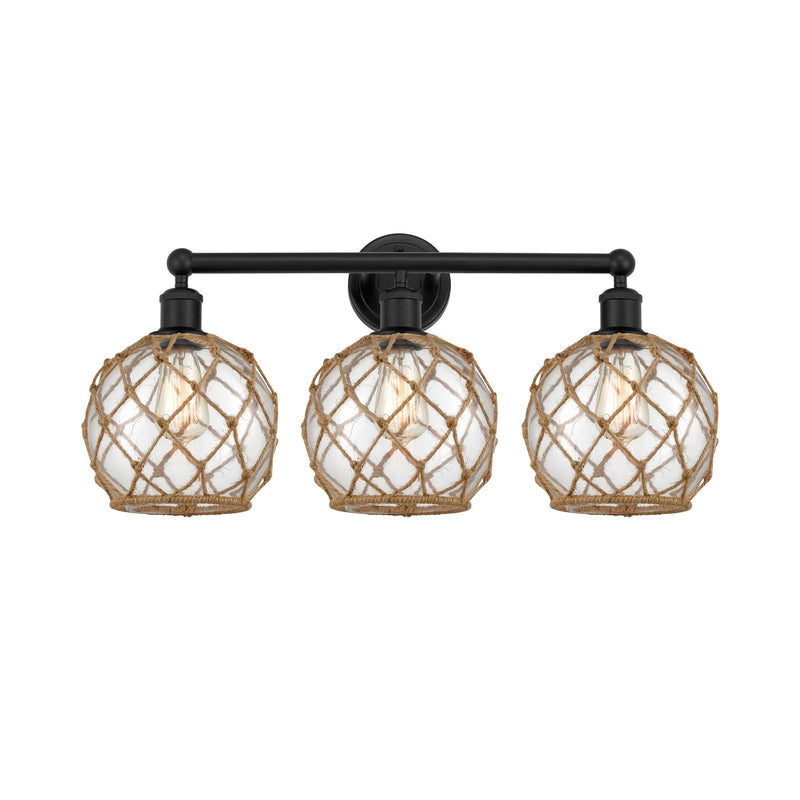 Innovations Farmhouse Rope 26in 3-Light Bath Vanity | Industrial Matte Black Steel and Clear Glass with Brown Rope | Bathroom | Model 616-3W-BK-G122-8RB