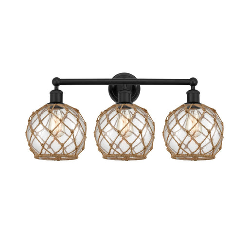 Innovations Farmhouse Rope 26in 3-Light Bath Vanity | Industrial Matte Black Steel and Clear Glass with Brown Rope | Bathroom | Model 616-3W-BK-G122-8RB