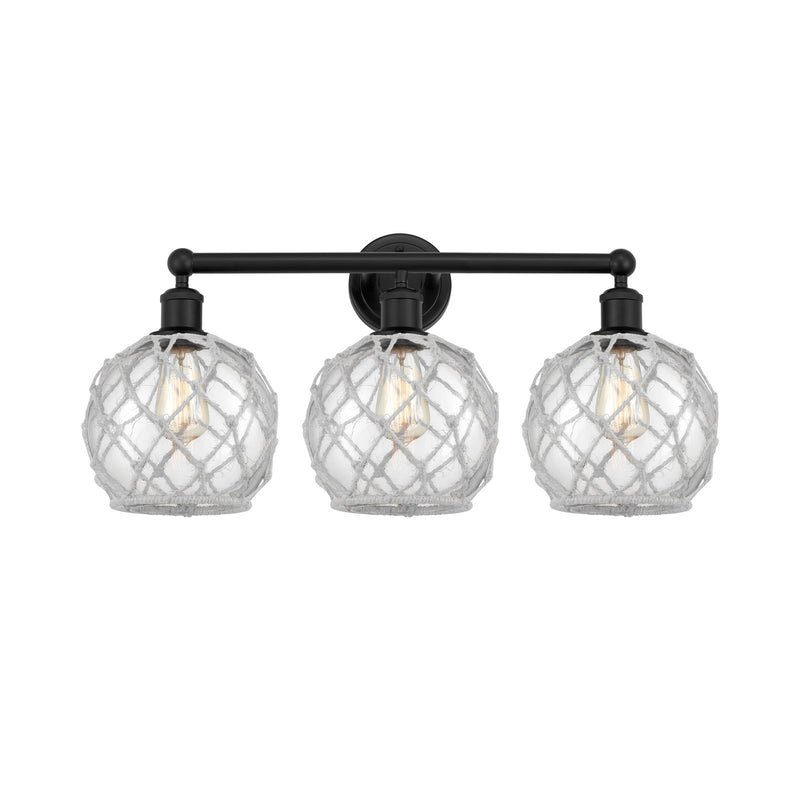 Innovations Farmhouse Rope 26in 3-Light Bath Vanity | Industrial Matte Black Steel and Clear Glass with White Rope Shade | Model 616-3W-BK-G122-8RW