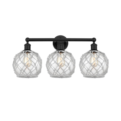 Innovations Farmhouse Rope 26in 3-Light Bath Vanity | Industrial Matte Black Steel and Clear Glass with White Rope Shade | Model 616-3W-BK-G122-8RW