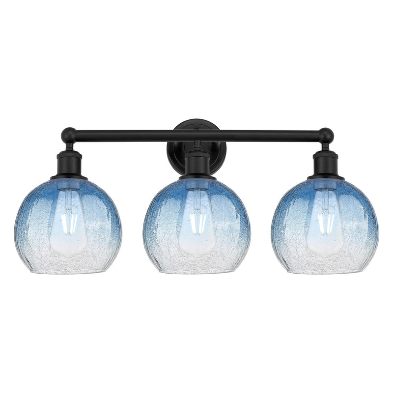 Innovations Brookhaven Globe 26in 3-Light Bath Vanity | Industrial Matte Black Steel and Sapphire Blue Glass | Bathroom & | Model 616-3W-BK-G483-8SB