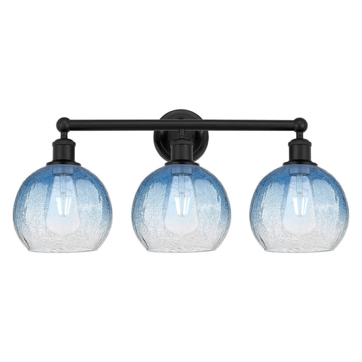 Innovations Brookhaven Globe 26in 3-Light Bath Vanity | Industrial Matte Black Steel and Sapphire Blue Glass | Bathroom & | Model 616-3W-BK-G483-8SB