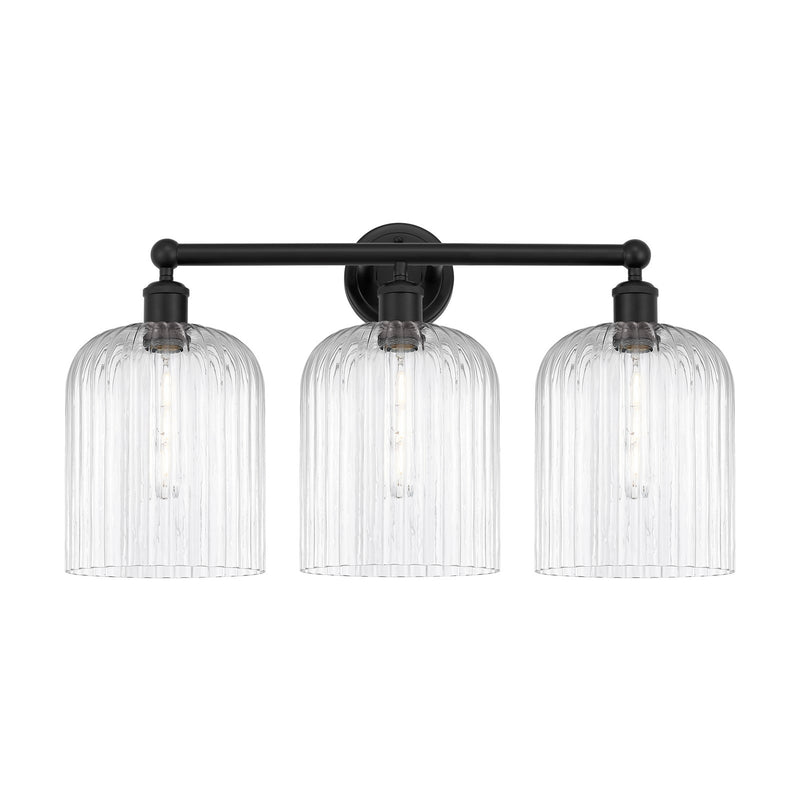 Innovations Bridal Veil 23in 3-Light Bath Vanity Light | Art Nouveau Industrial Matte Black Steel and Clear Ribbed Glass | Model 616-3W-BK-G559-8CL