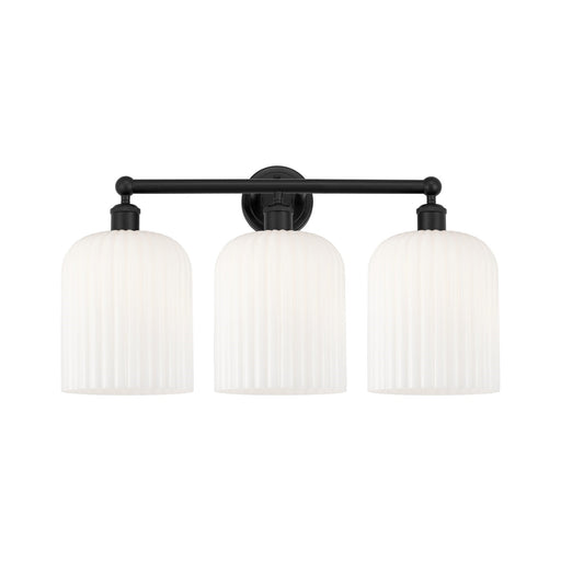 Innovations Bridal Veil 23in 3-Light Bath Vanity Light | Art Nouveau Industrial Matte Black Steel and Gloss White Ribbed Glass | Model 616-3W-BK-G559-8GWH