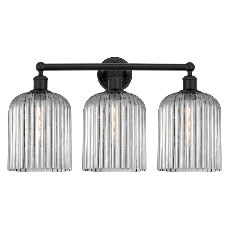 Innovations Bridal Veil 23in 3-Light Bath Vanity Light | Industrial Art Nouveau Matte Black Steel and Light Smoke Ribbed Glass | Model 616-3W-BK-G559-8SM