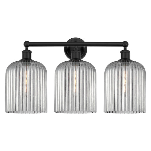 Innovations Bridal Veil 23in 3-Light Bath Vanity Light | Industrial Art Nouveau Matte Black Steel and Light Smoke Ribbed Glass | Model 616-3W-BK-G559-8SM