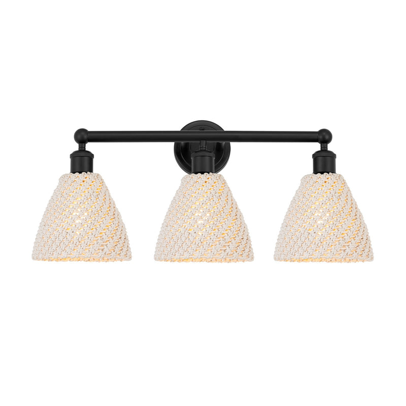 Innovations Bristol Natural 26in 3-Light Bath Vanity | Industrial Matte Black Steel and Natural Fiber Dome Shade | Bathroom | Model 616-3W-BK-NBD-75-NAT