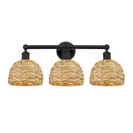 Innovations Woven Rattan 26in 3-Light Bath Vanity | Industrial Matte Black Steel and Natural Fiber Shade | Bathroom Vanity | Model 616-3W-BK-RBD-8-NAT