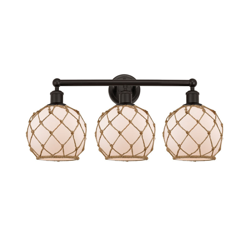 Innovations Farmhouse Rope 26in 3-Light Bath Vanity | Industrial Oil Rubbed Bronze Steel and White Frosted Glass with Brown | Model 616-3W-OB-G121-8RB