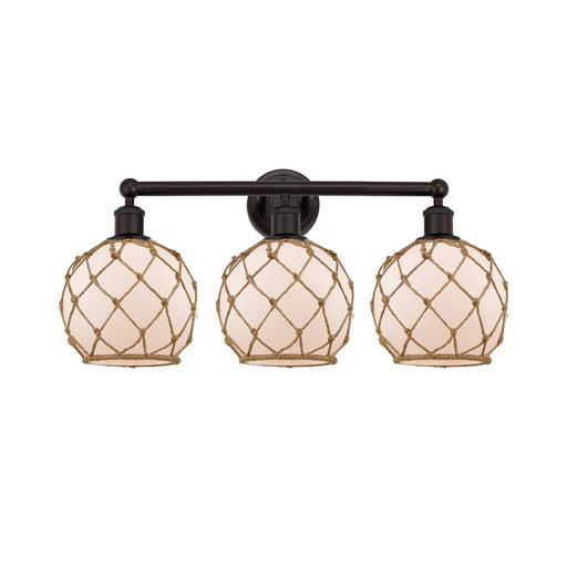 Innovations Farmhouse Rope 26in 3-Light Bath Vanity | Industrial Oil Rubbed Bronze Steel and White Frosted Glass with Brown | Model 616-3W-OB-G121-8RB