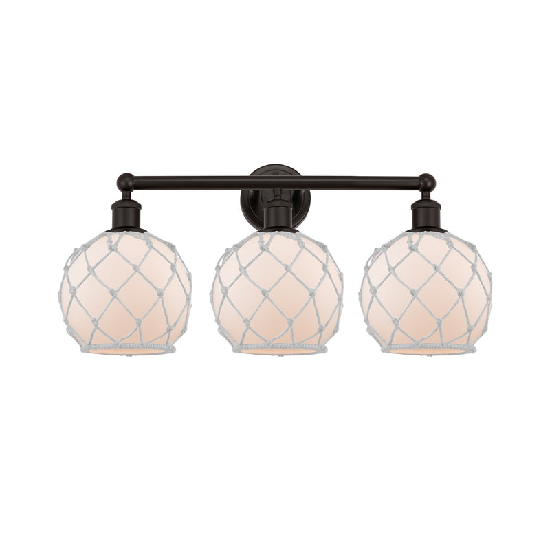 Innovations Farmhouse Rope 26in 3-Light Bath Vanity | Industrial Oil Rubbed Bronze Steel and White Frosted Glass with Rope | Model 616-3W-OB-G121-8RW